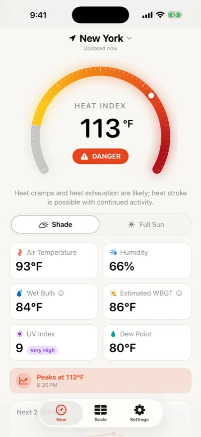 Pantalla de la aplicación con indicador de sensación térmica y temperatura de bulbo húmedo.