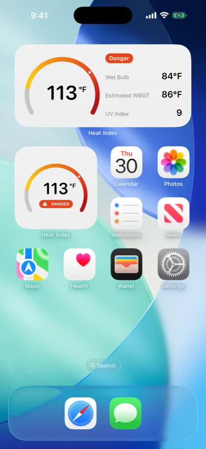 Home Screen widgets in small, medium and large sizes showing the heat index and its risk band.